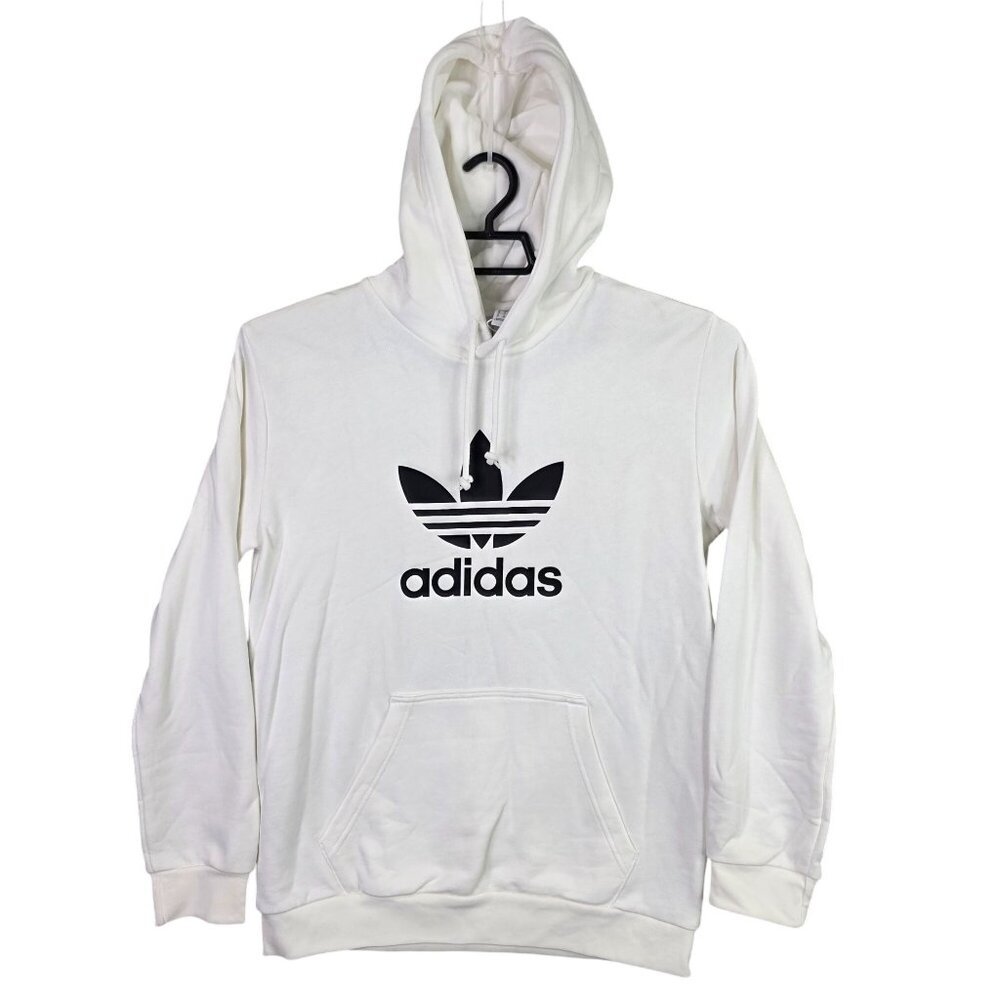 Mens Adidas White Trefoil Logo Hoodie Drawstring Long Sleeve Cotton Blend Size M